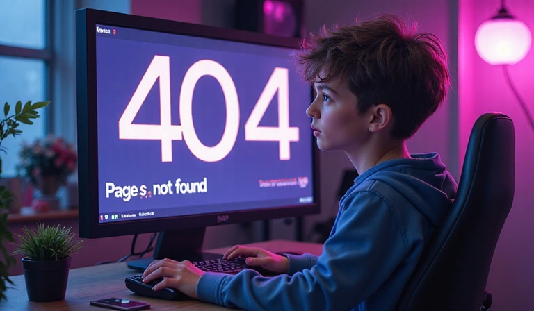 Lost gamer looking at a broken screen, symbolizing a 404 error